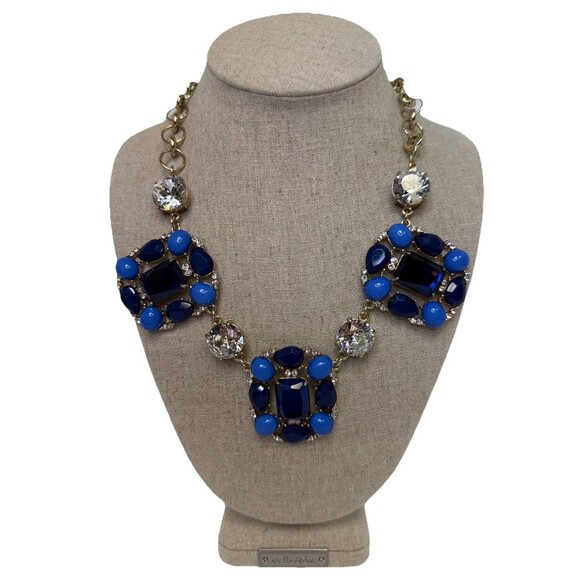 Talbots Blue & Clear Rhinestone Chunky Statement Gold Tone Chain Necklace - Picture 1 of 9